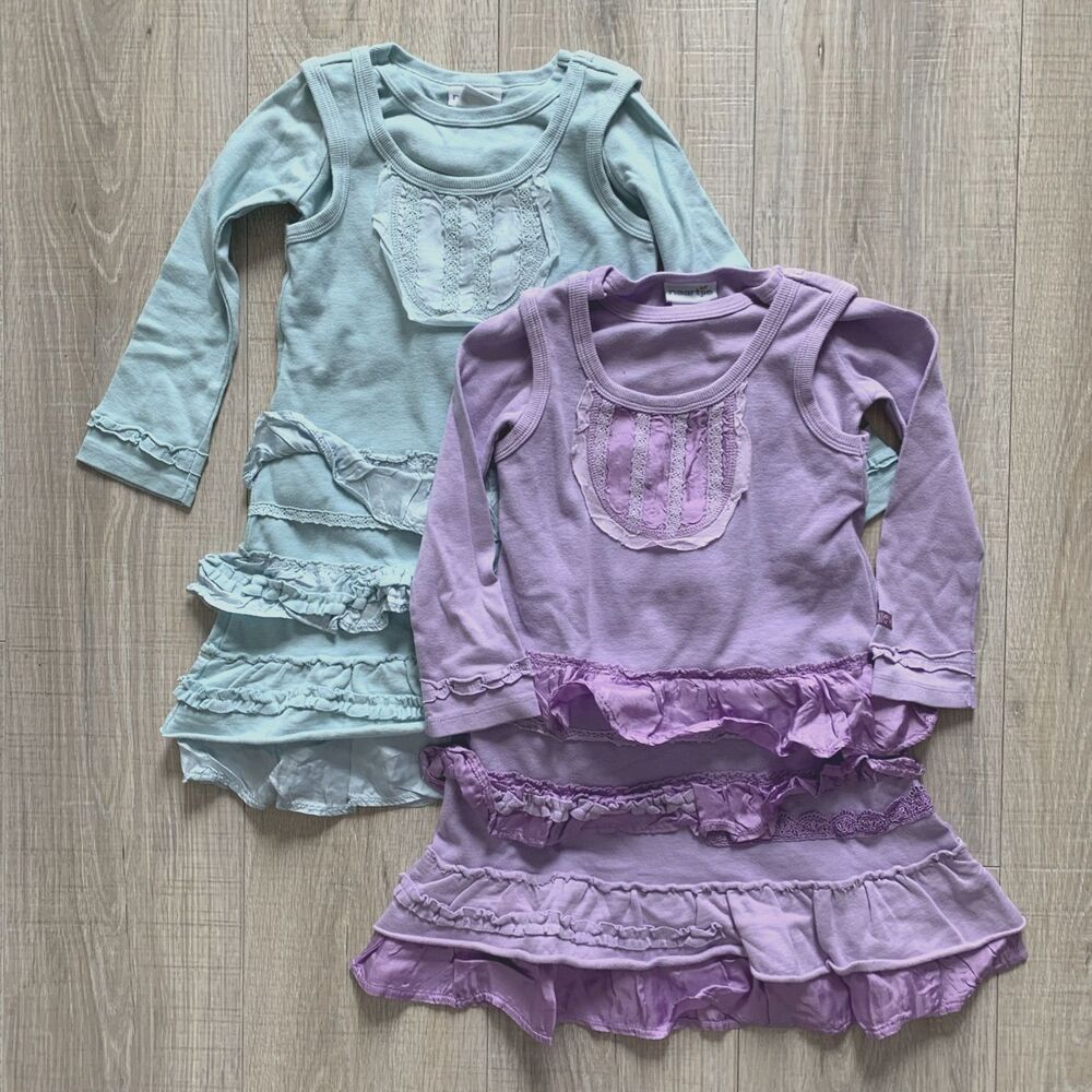 2 Naartjie Kids Girls Ruffle Layered Long Sleeve Dress Tunic Sz 4 Blue Purple
